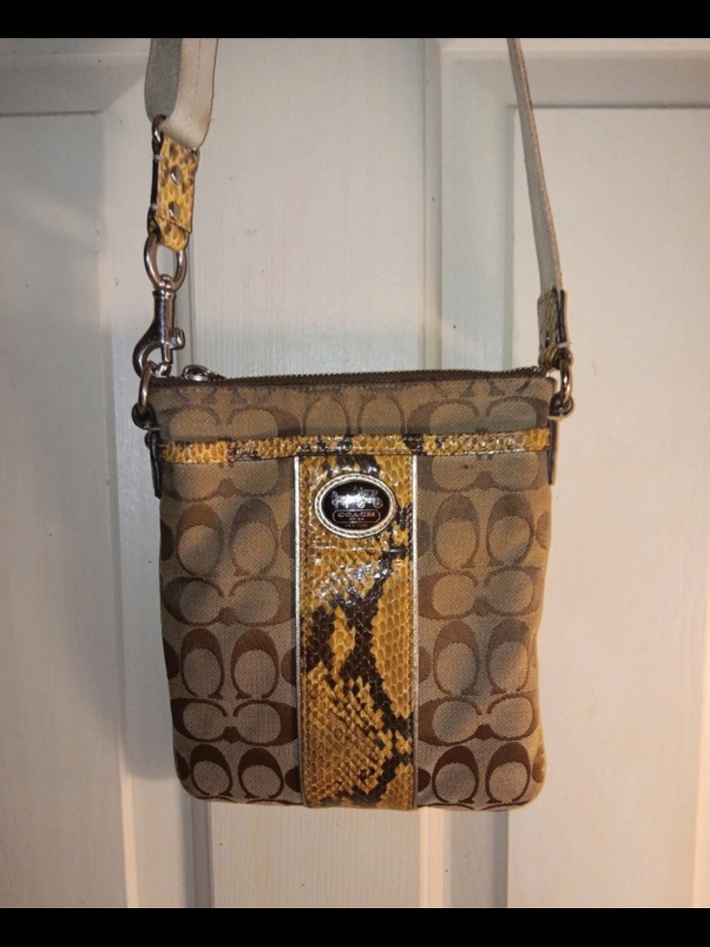 Coach Signature Crossbody Bag in Tan and Yellow Snake Trim